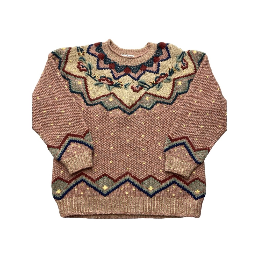 All Week Long Sweater Womens M Pink Shetland Wool Fair Isle Floral Embroidered